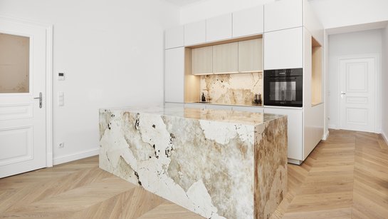 Helle Fronten, klare Linien und eine markante Steinoptik – moderne Eleganz trifft Natürlichkeit.