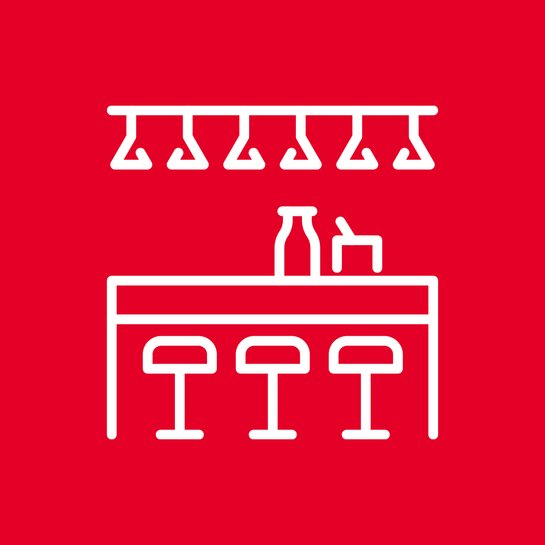 Weißes Icon von Kücheninsel auf rotem Hintergrund