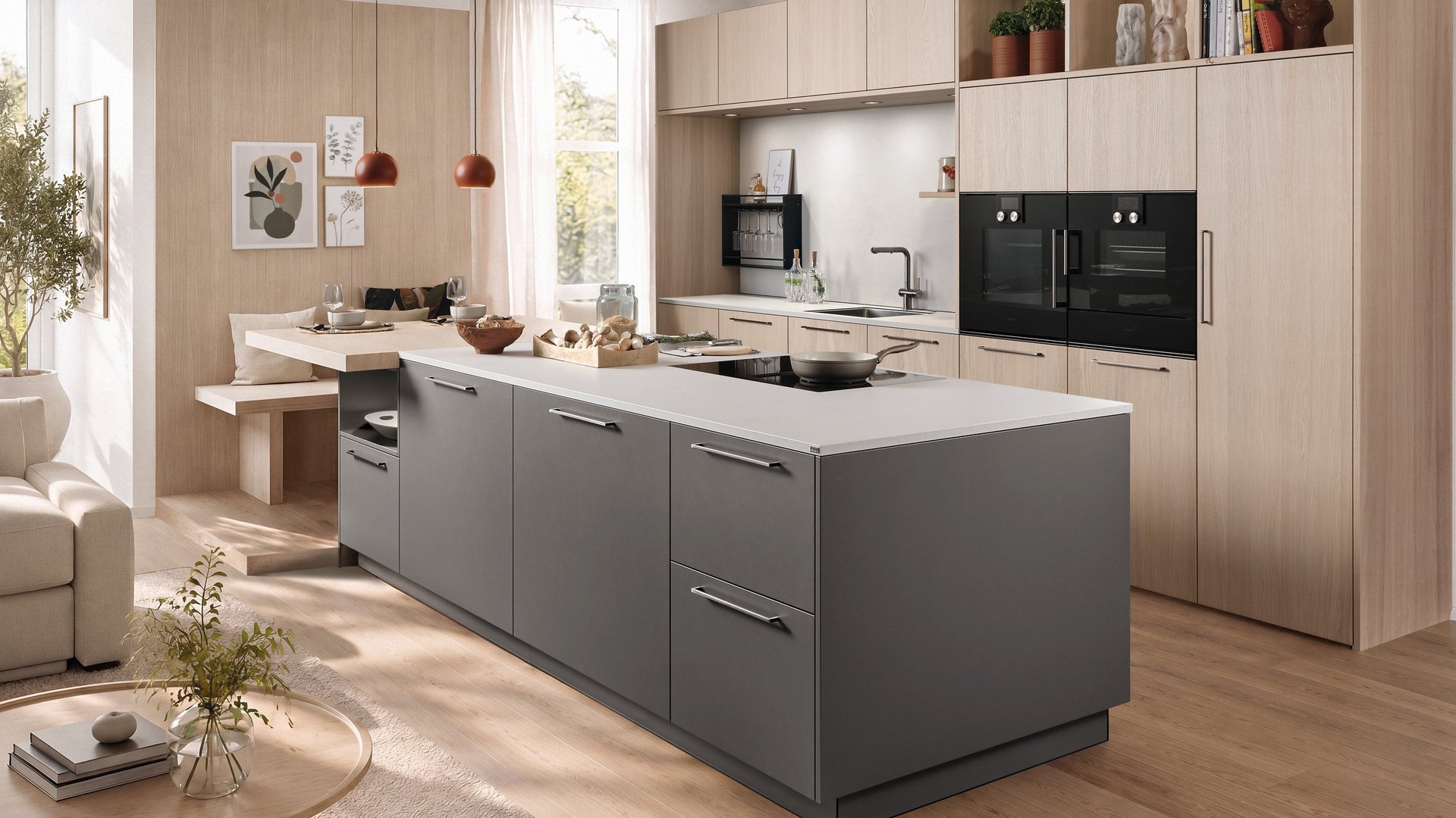ewe nanoo® . Nordic in quarzgrau metallic . eiche weiß nordic Graue Kücheninsel mit angebauter Sitzbank und Hochschränken aus hellem Holz