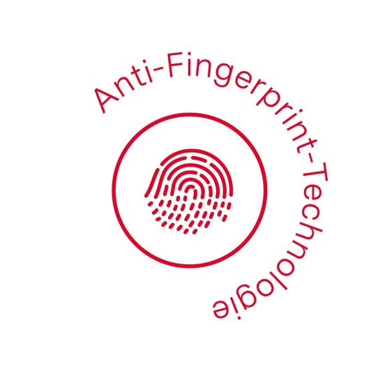 Roter Kreis mit Fingerabdruck darin: ewe nanoo hat eine Anti-Fingerprint-Beschichtung