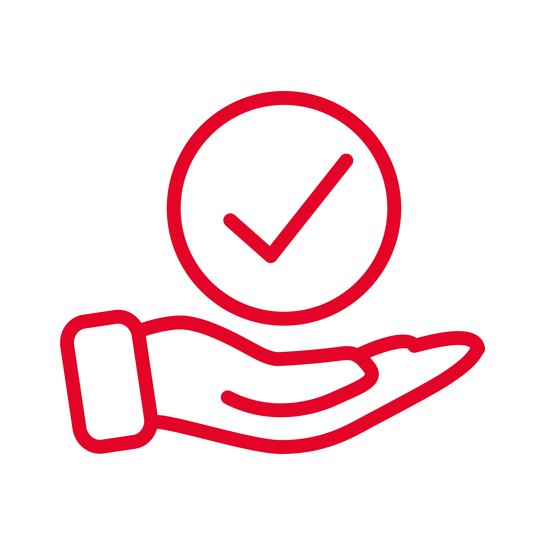Rotes Icon: Geöffnete Hand, darüber ein Häkchen in einem Kreis