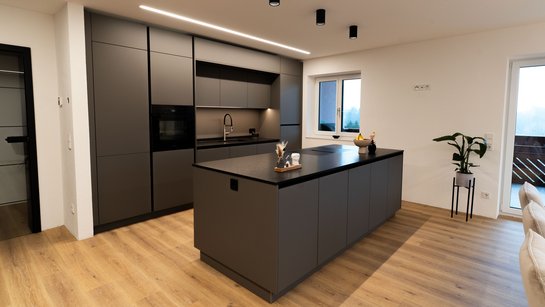 Gesamtansicht der modernen Inselküche im Modell ewe nanoo® in basaltgrau mit großzügiger Kücheninsel und deckenhoher Hochschrankplanung.