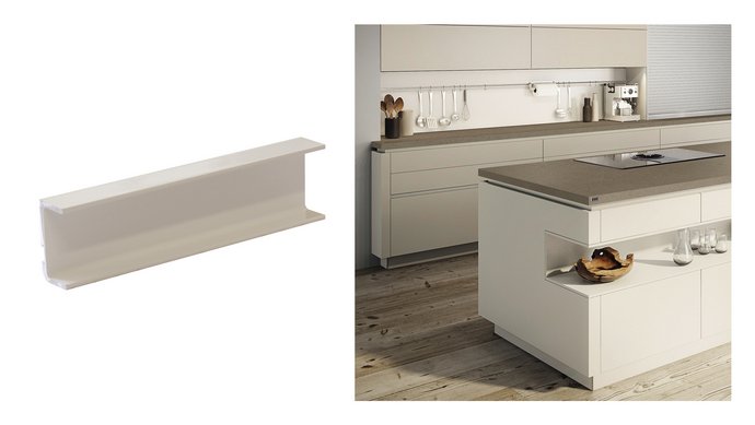 Rechts eine Küchenabbildung, links eine Griffmulde in angora als Detail
